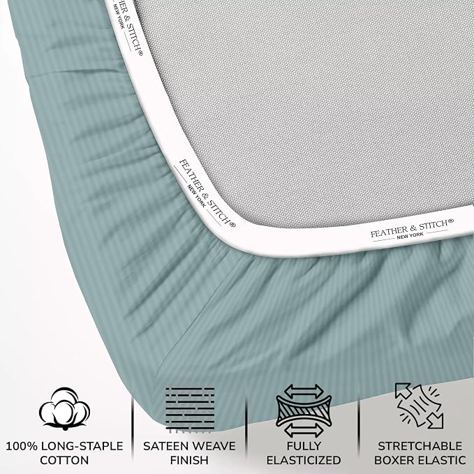 Feather & Stitch 1 Piece Fitted Sheet King Size, 100% Cotton Damask Sateen Weave - Image 2