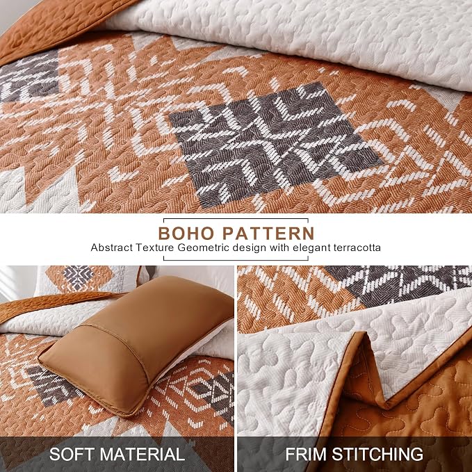 Dintszyayue Boho Queen Quilt Set 3 Pieces Aztec Texture Bedspread Coverlet Set - Image 3