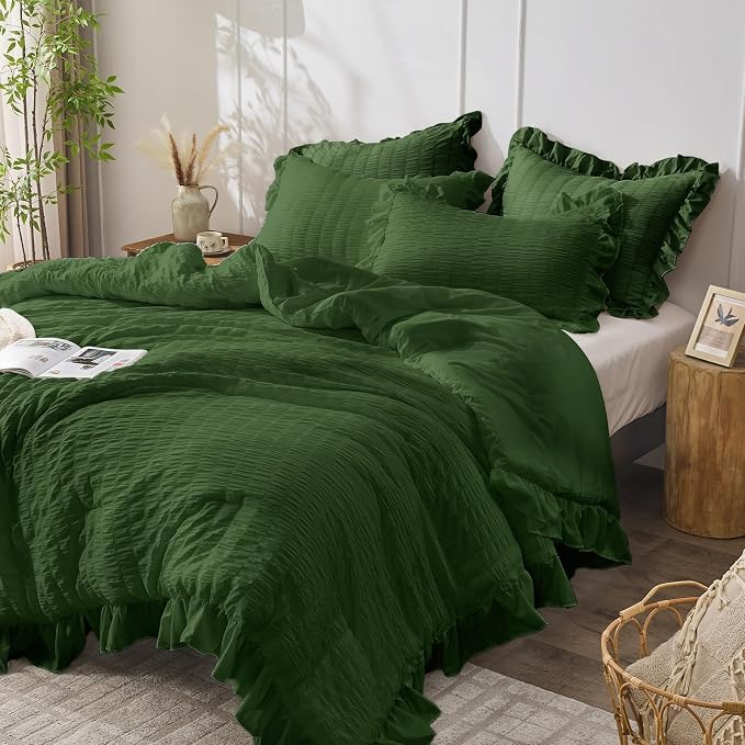 JOLLYVOGUE Dark Green Queen Comforter Set, 3 Pieces Seersucker Comforters Queen - Image 2