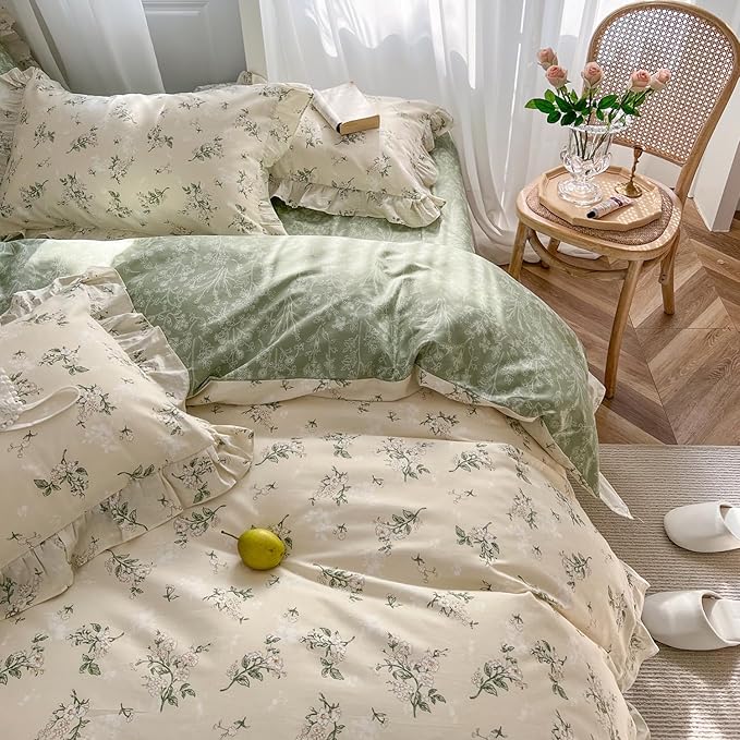 mixinni Reversible Sage Green Floral Duvet Cover Set Full Size by mixinni