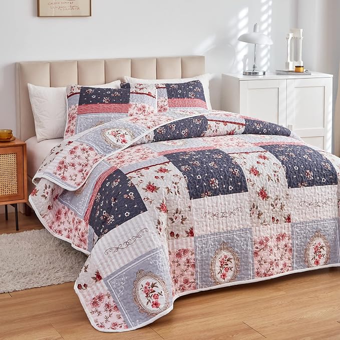 Patchwork Quilt Set Twin Size, 2 Pieces Pink Purple Floral Plaid Design Summer - Image 2