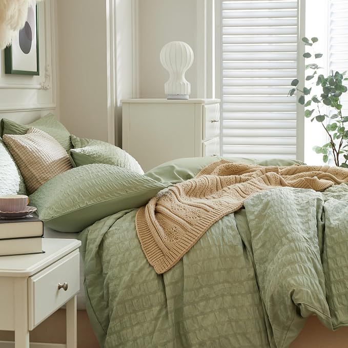 JELLYMONI Green Duvet Cover Oversized Queen Size, Soft Breathable Seersucker - Image 8