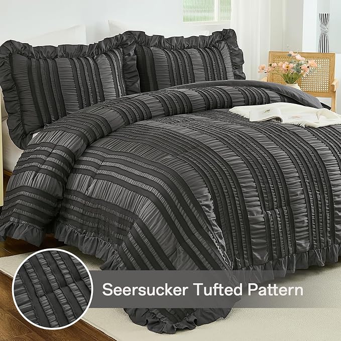 WONGS BEDDING Queen Comforter Set, Dark Grey Boho Comforter Set Queen, Shabby - Image 2