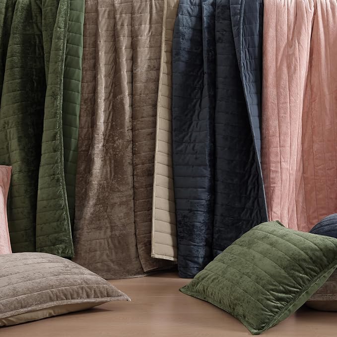WRENSONGE Velvet Queen Quilt Set-3 Pieces Clay Pink Luxurious Velvet Striped - Image 5
