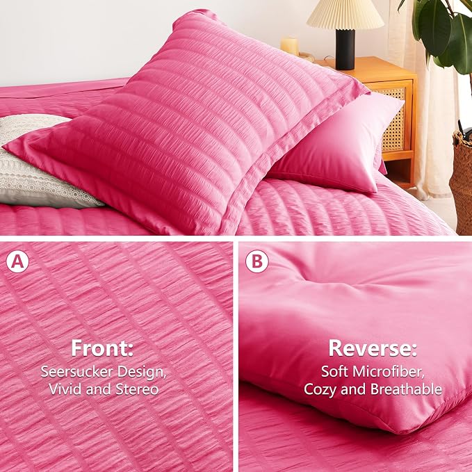CozyLux King Size Comforter Set Hot Pink Seersucker 7 Pieces Bed in a Bag King - Image 4