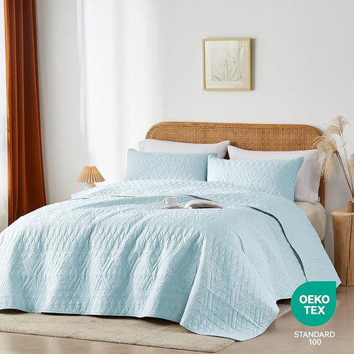 akkialla Full/Queen Size Quilt Bedding Set, Sky Blue Lightweight Microfiber - Image 2