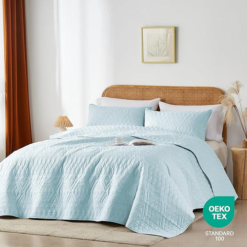 akkialla Twin Size Quilt Bedding Set, Sky Blue Lightweight Microfiber Soft - Image 2