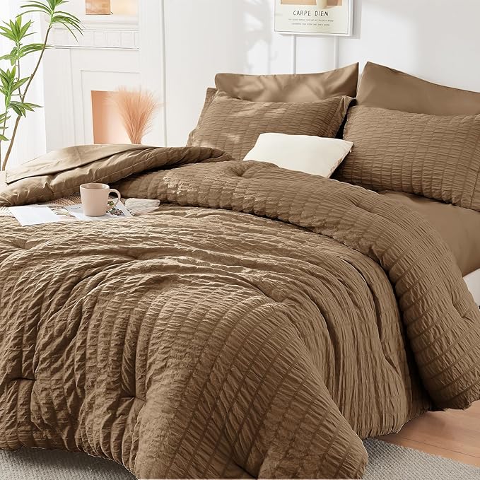 HYMOKEGE Brown Full Size Comforter Sets Seersucker 7 Pieces, All Season Luxury by HYMOKEGE