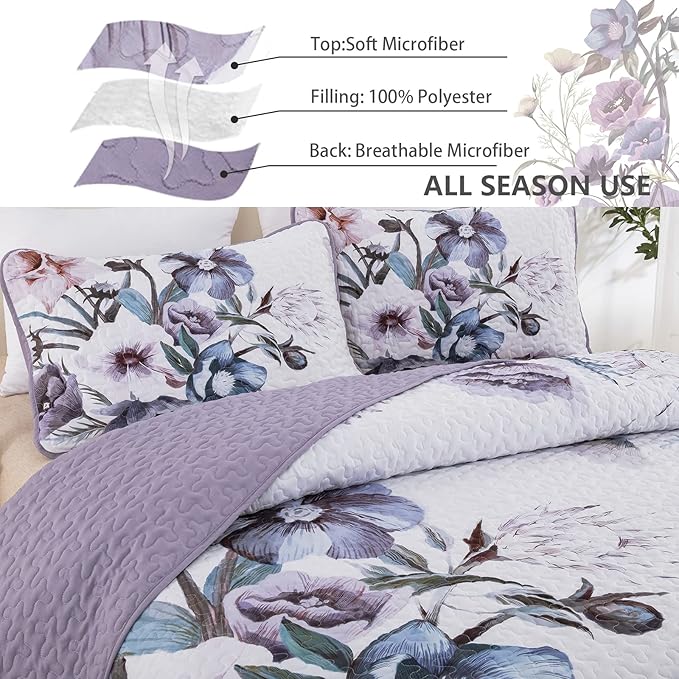 Drucon Purple Floral Quilt Set King Size 3 Pieces Purple Botanical Flower Quilt - Image 6