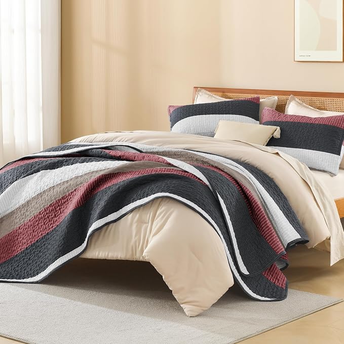 Litanika Quilt Queen Size Black and Red, Stripe Patchwork Summer Bedspread - Image 4