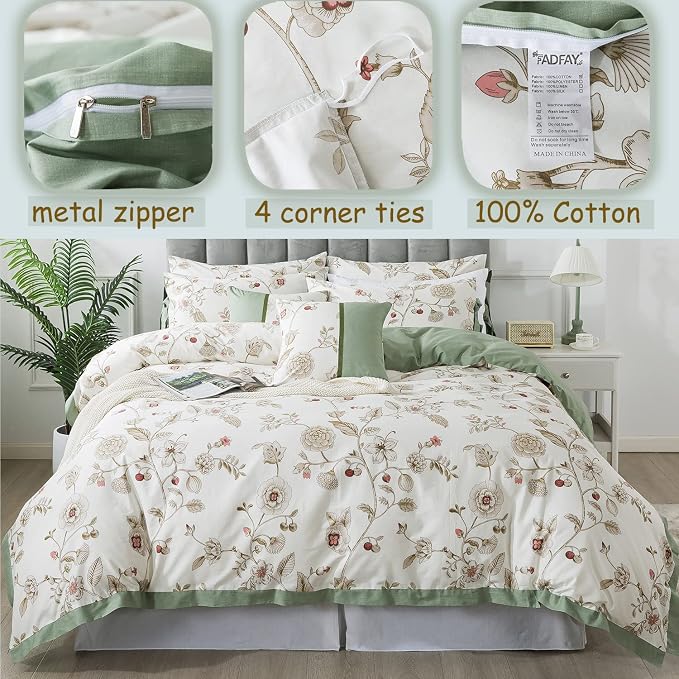 FADFAY Floral Bedding Set Full 100% Cotton Shabby and Chic Beige Green - Image 3