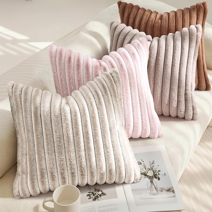decorUhome Summer Cozy Faux Fur Throw Pillow Covers 24x24 Set of 2 Decorative - Image 4