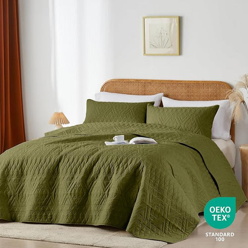 akkialla Full/Queen Size Quilt Bedding Set, Olive Green Lightweight Microfiber - Image 2