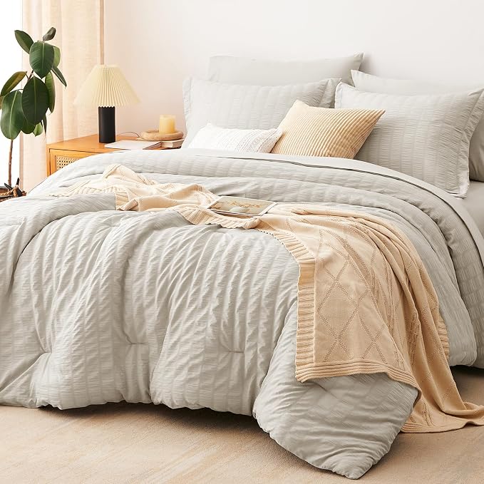 CozyLux Oversized King Comforter Set Beige Seersucker 7 Pieces 120x98 Bed in a by CozyLux