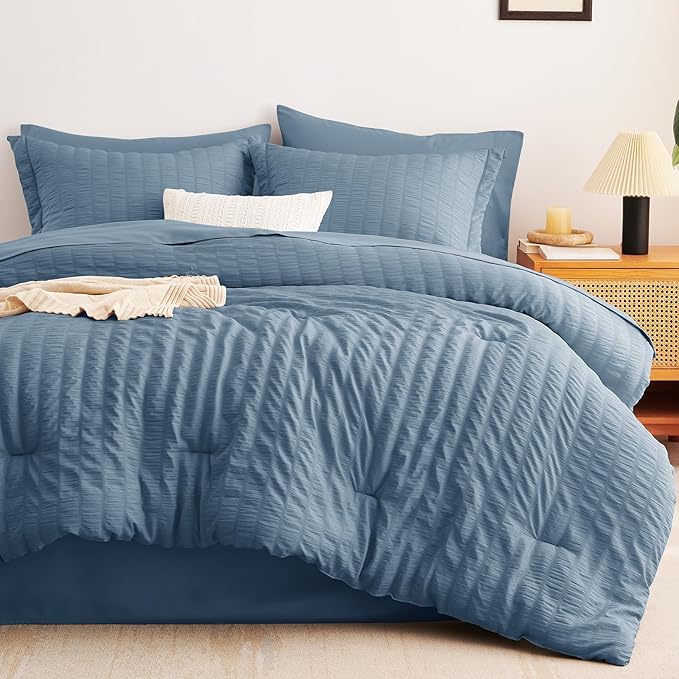 CozyLux Oversized Queen Comforter Set Grayish Blue Seersucker 7 Pieces 98x98 - Image 9