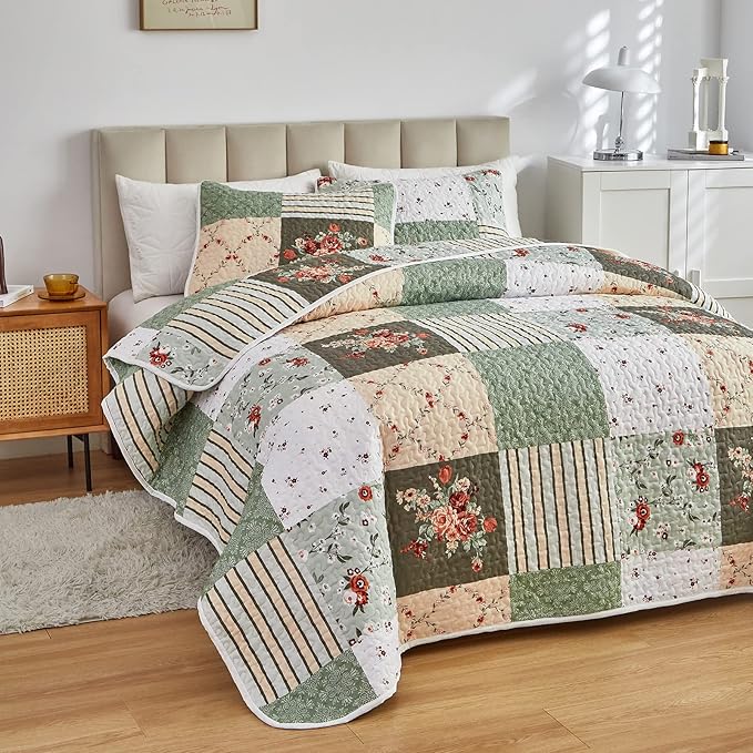 Patchwork Quilt Set Full/Queen Size, 3 Pieces Green Floral Plaid Summer - Image 2