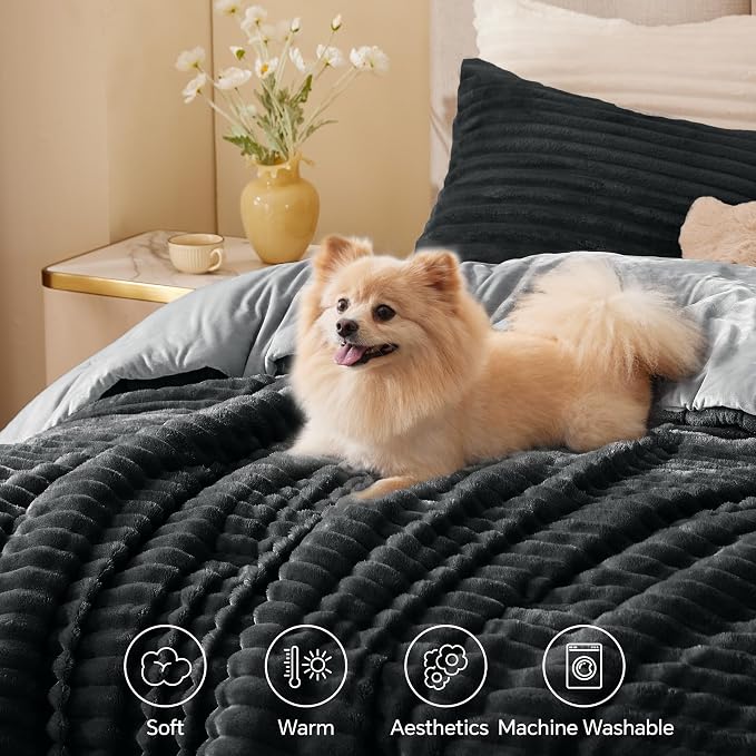 BEDELITE Fleece King Comforter Set -Super Soft & Warm Fluffy Black Bedding - Image 3