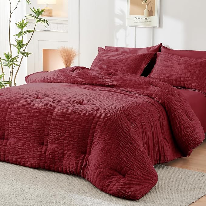 HYMOKEGE Burgundy California King Comforter Set Seersucker 7 Pieces, All Season - Image 8