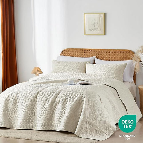 akkialla Full/Queen Quilt Set, Boho Style in a Solid Color, Cream Lightweight - Image 2