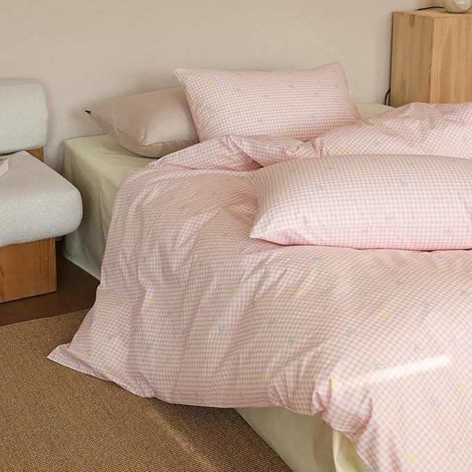 mixinni Gingham Duvet Cover King Size, 100% Cotton Light Pink and White Gingham by mixinni