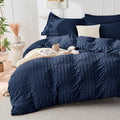 HYMOKEGE Navy Blue Duvet Cover Full Size, Ultra Soft 3-Piece Seersucker Duvet by HYMOKEGE