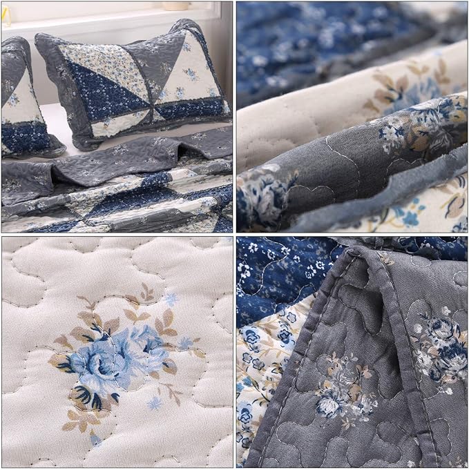 Oversized King Grey Floral Patchwork Quilt Set 132x120 Alaska King Size Bedding - Image 6