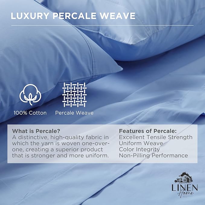 Linen Home 100% Cotton Percale 1 Flat Sheet, Queen Size - Image 2