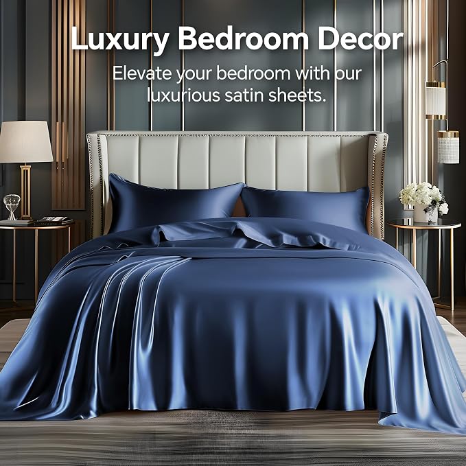 BEDELITE Satin Sheets Twin Size Bed Set, Luxury Soft Navy Silky Sheets - Image 2