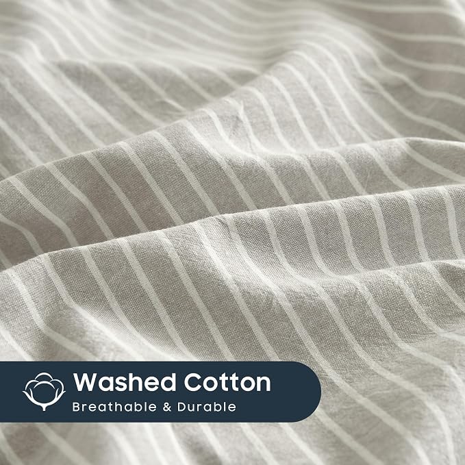 Wake In Cloud - Striped Cotton Duvet Cover Set, 100% Washed Cotton Textured - Image 6