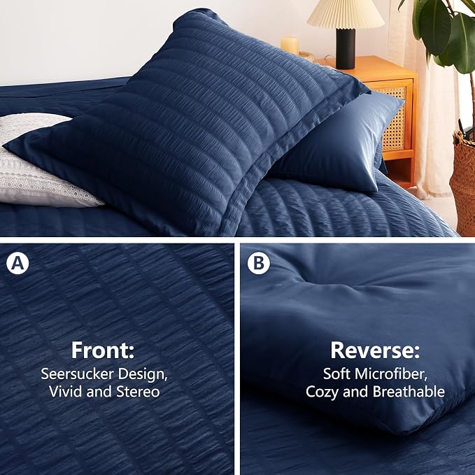 CozyLux Queen Comforter Set Navy Blue Seersucker 7 Pieces Bed in a Bag Queen - Image 4