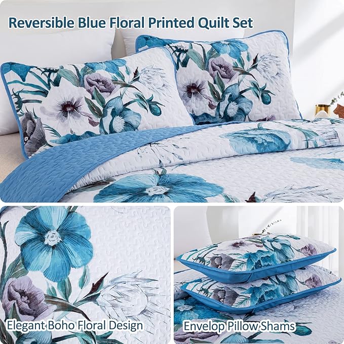 Floral Quilt Set Queen 3 Pieces Boho Blue Floral Quilt Coverlet Set Soft - Image 5