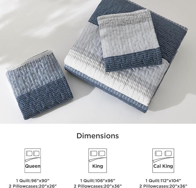 Litanika Queen Quilt Set Navy Blue, Stripe Patchwork Bedspread Coverlet 3 Pieces - Image 6