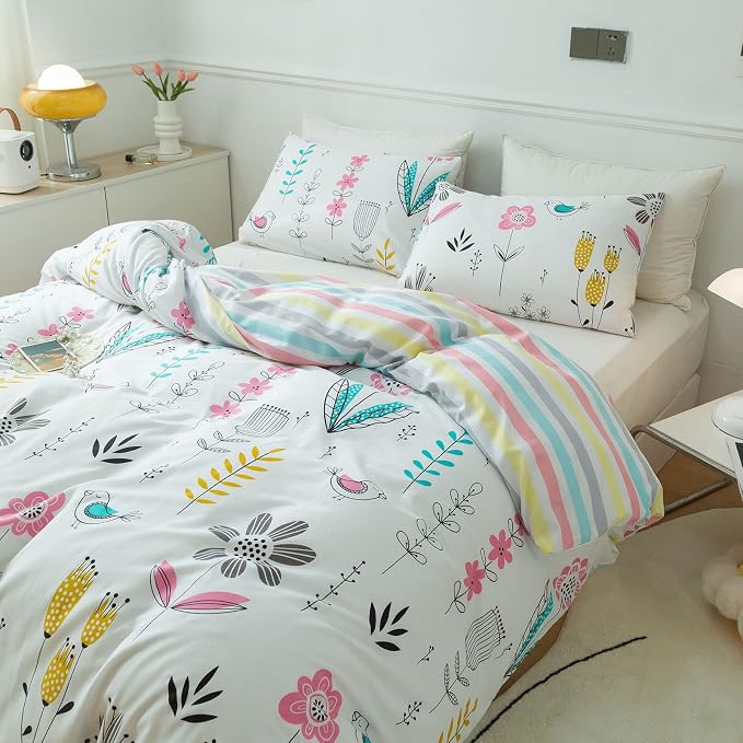mixinni Girls Flower Leaves Pattern on White Duvet Cover Twin Size Colorful - Image 2