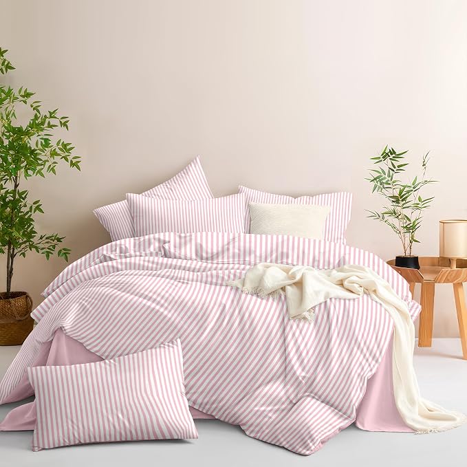 Nayoroom Pink Striped Duvet Cover Twin Size White Stripe Duvet Cover Dorm - Image 4