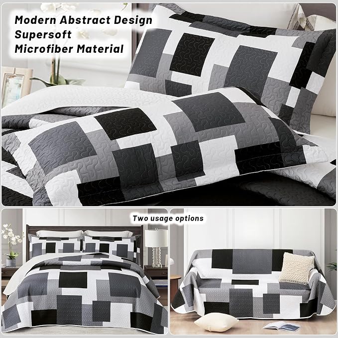Tyrot 3 Piece Black Grey Quilt Set King Size Black White Gray Geometric - Image 3