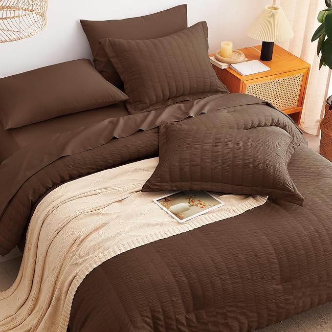 CozyLux Oversized King Comforter Set Brown Seersucker 7 Pieces 120x98 Bed in a - Image 6