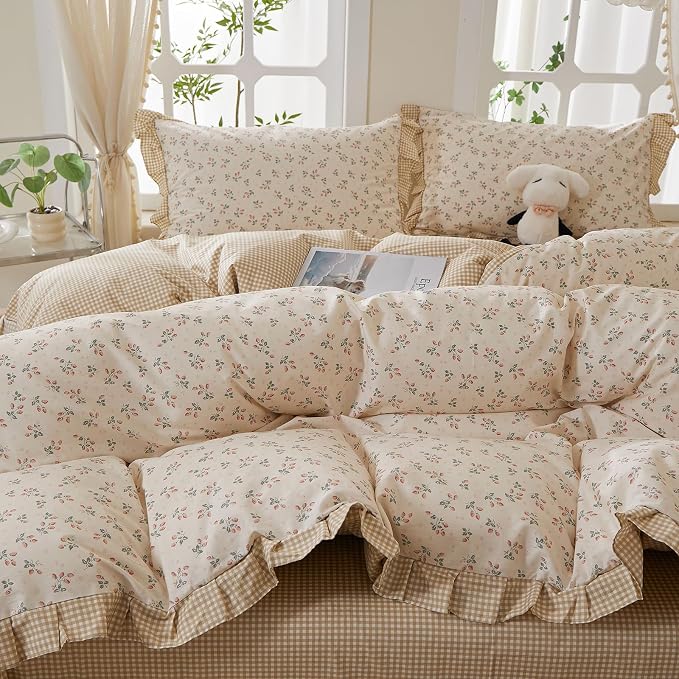 mixinni Beige Floral Duvet Cover Twin XL Size, 100% Cotton Cute Strawberry - Image 3
