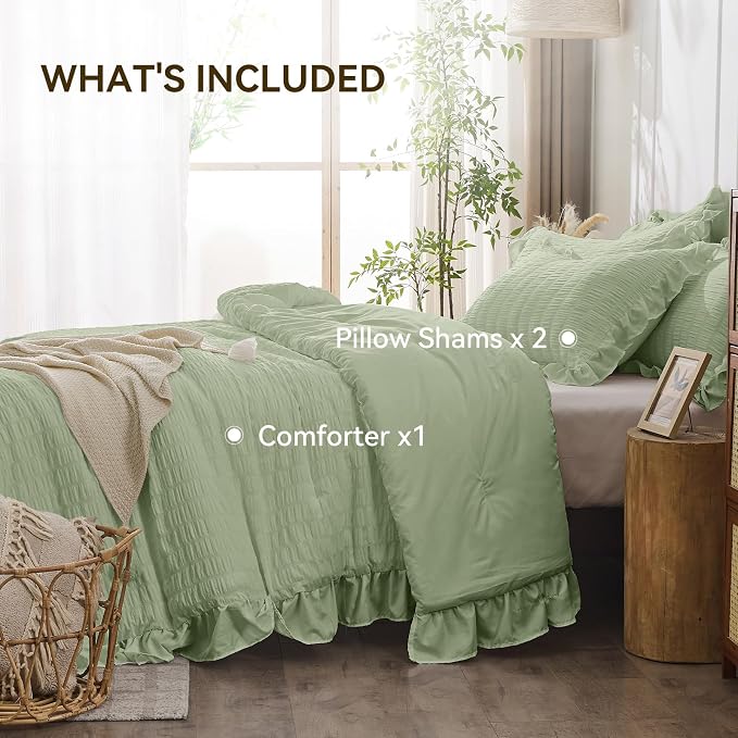 JOLLYVOGUE Sage Green Comforter Full Size, 3 Pieces Seersucker Lightweight Full - Image 5