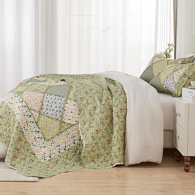 VIVILINEN Full Queen Size Green Patchwork Quilt Set Reversible Quilted - Image 4