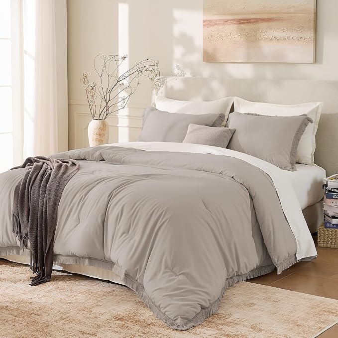 Andency Queen Comforter Set Heather Grey, 3 Pieces Boho Fall Tassel Lightweight - Image 2
