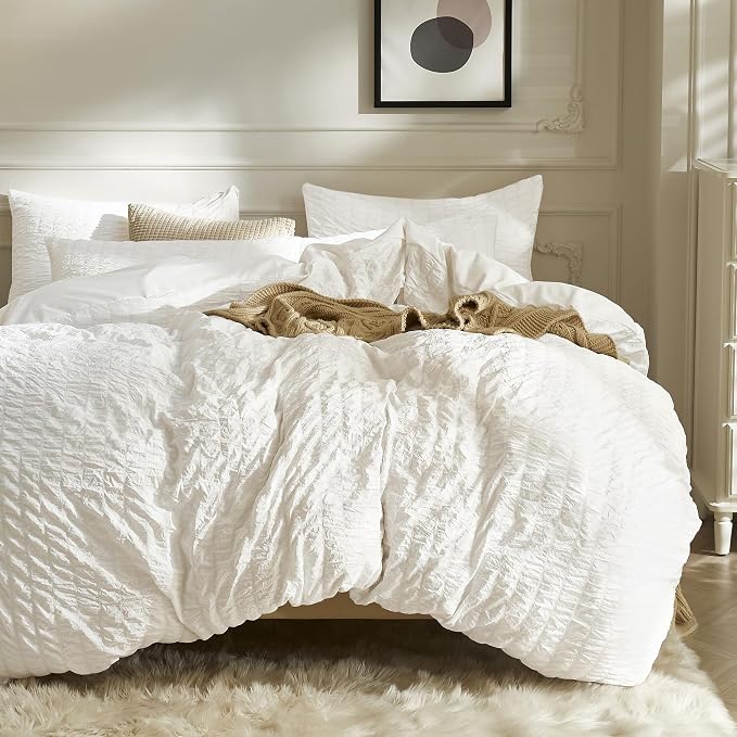 JELLYMONI White Duvet Cover Full Size, Soft Breathable Seersucker Duvet Cover by JELLYMONI
