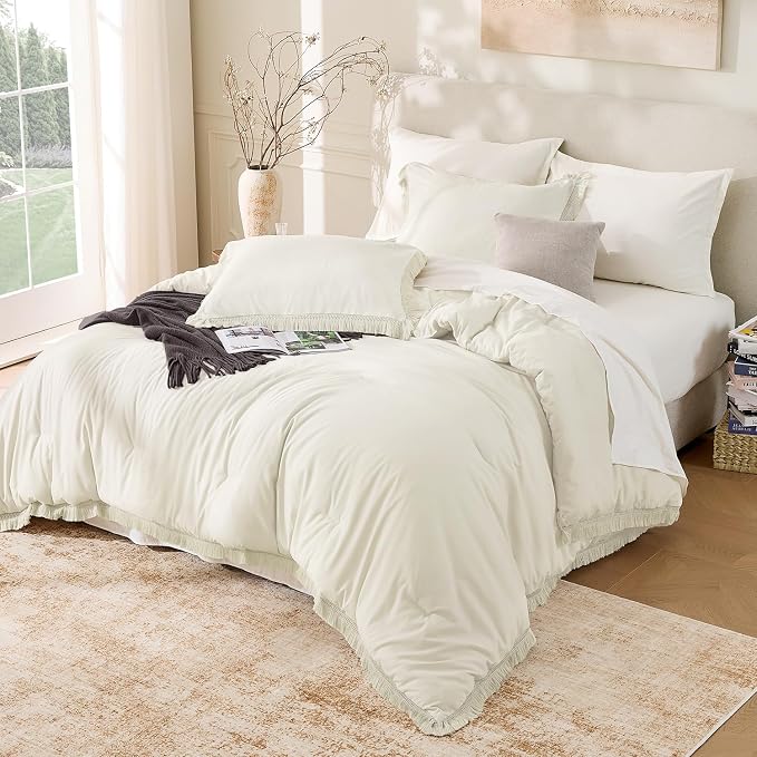 Andency Comforter Full Size Set Ivory, 3 Pieces Boho Ivory Lightweight Bedding - Image 6