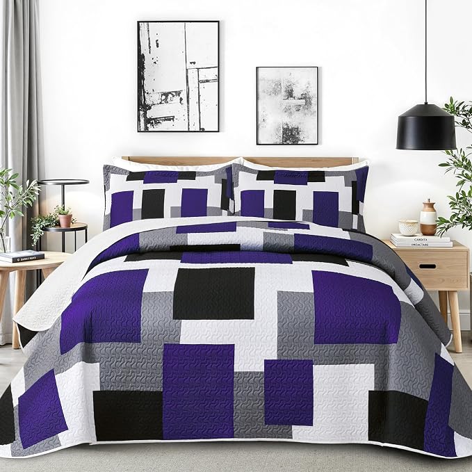 Tyrot 3 Piece Dark Purple Grey Quilt Set California King Size Black White by TyrotHomeDecor