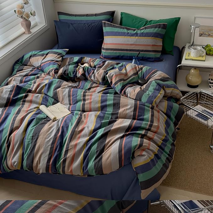 mixinni Vintage Striped Duvet Cover Full 100% Washed Cotton Bedding Set Retro - Image 9