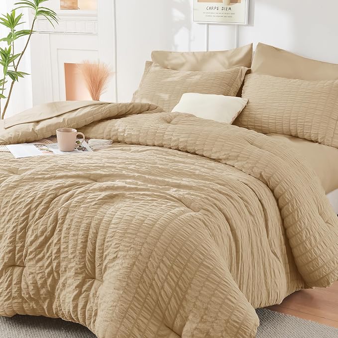 HYMOKEGE Khaki Twin XL Comforter Set Seersucker 5 Pieces, All Season Luxury Bed by HYMOKEGE