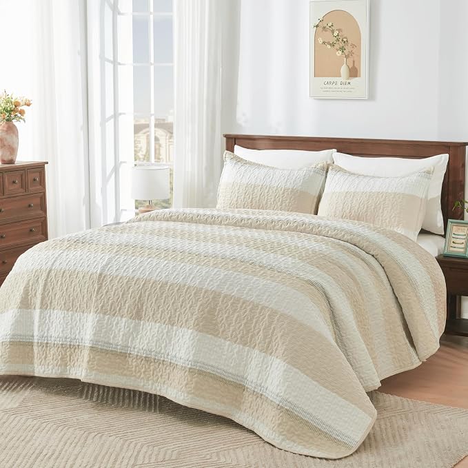 Andency King Size Quilt Set Beige, 3 Pieces Beige Ultra Soft Lightweight - Image 6