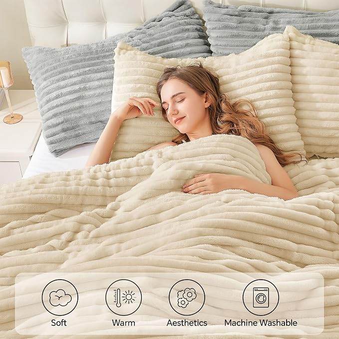 BEDELITE Fleece Twin Comforter Set -Super Soft & Warm Fluffy Beige Bedding - Image 3
