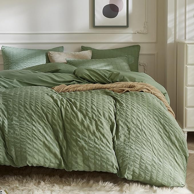 JELLYMONI Dark Green Duvet Cover Twin Size, Soft Breathable Seersucker Duvet by JELLYMONI