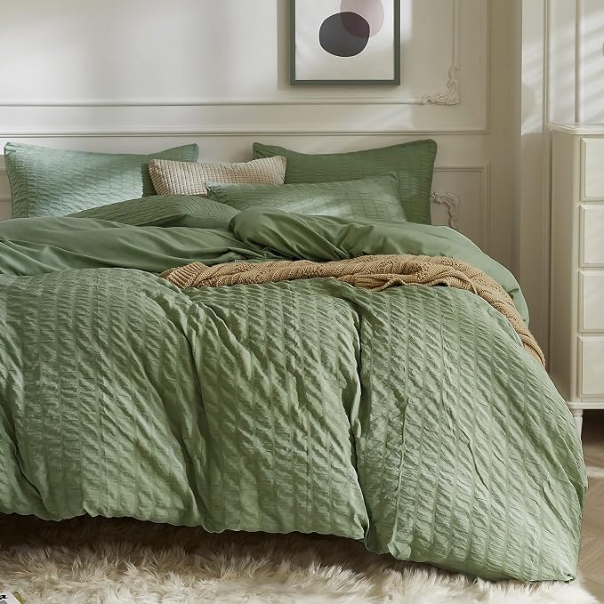JELLYMONI Dark Green Duvet Cover Full Size, Soft Breathable Seersucker Duvet by JELLYMONI