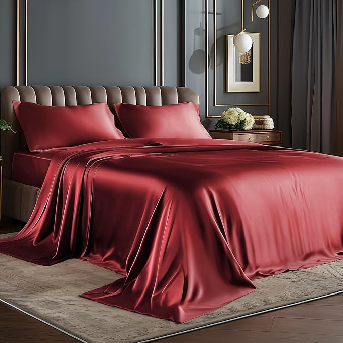 BEDELITE Satin Sheets Twin Size Bed Set, Luxury Soft Burgundy Silky Sheets by BEDELITE